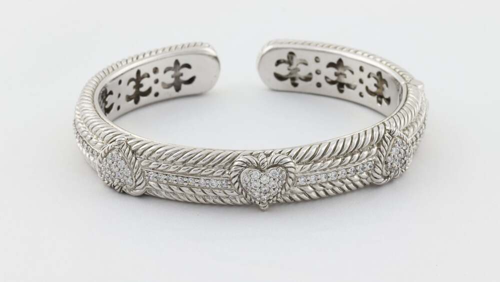 Sterling Silver Judith Ripka Cubic Zirconia Heart Cuff Bangle Bracelet 6 3/4" in